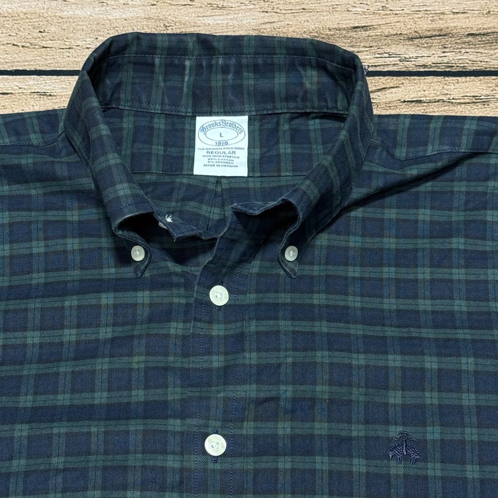 Brooks Brothers Button Down Shirt Mens L Green Navy Plaid Non-Iron Stretch Logo
